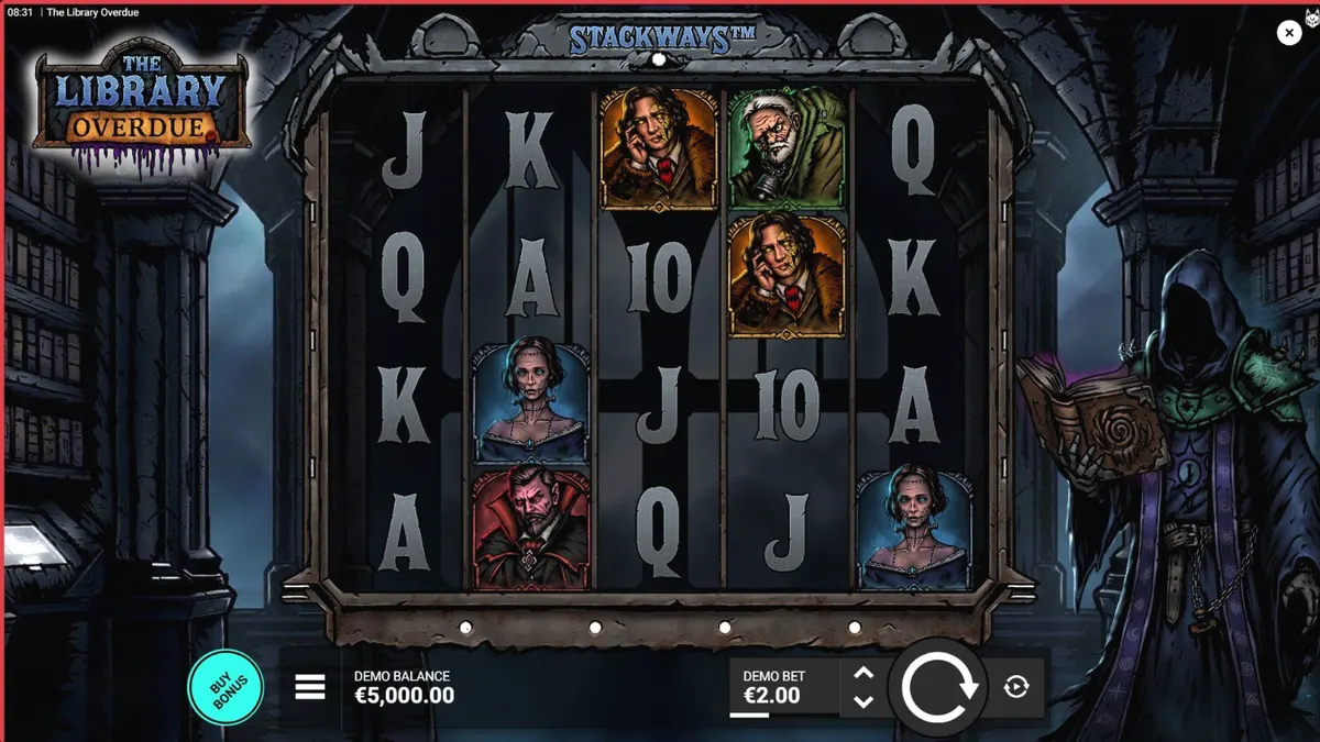 Tampilan layar utama slot The Library Overdue dengan nuansa horor gotik